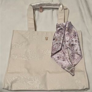 Victoria's Secret Cream Floral Tote Bag with Purple/Pink Scarf